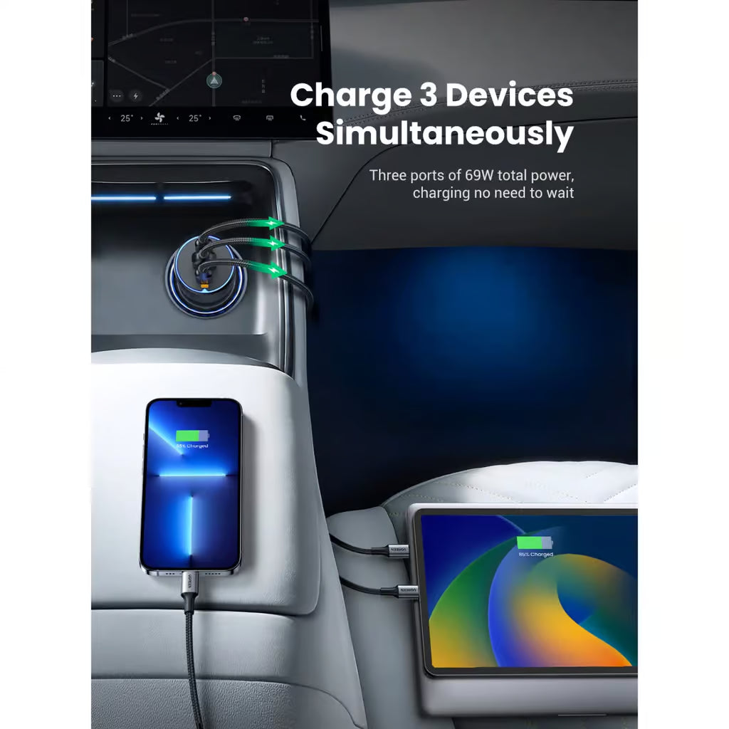 UGREEN 35024 75W Dual Type-C & USB Car Charger PD 3.0 QC 4.0+ PPS Fast Charging for MacBook, iPhone 17/16/15