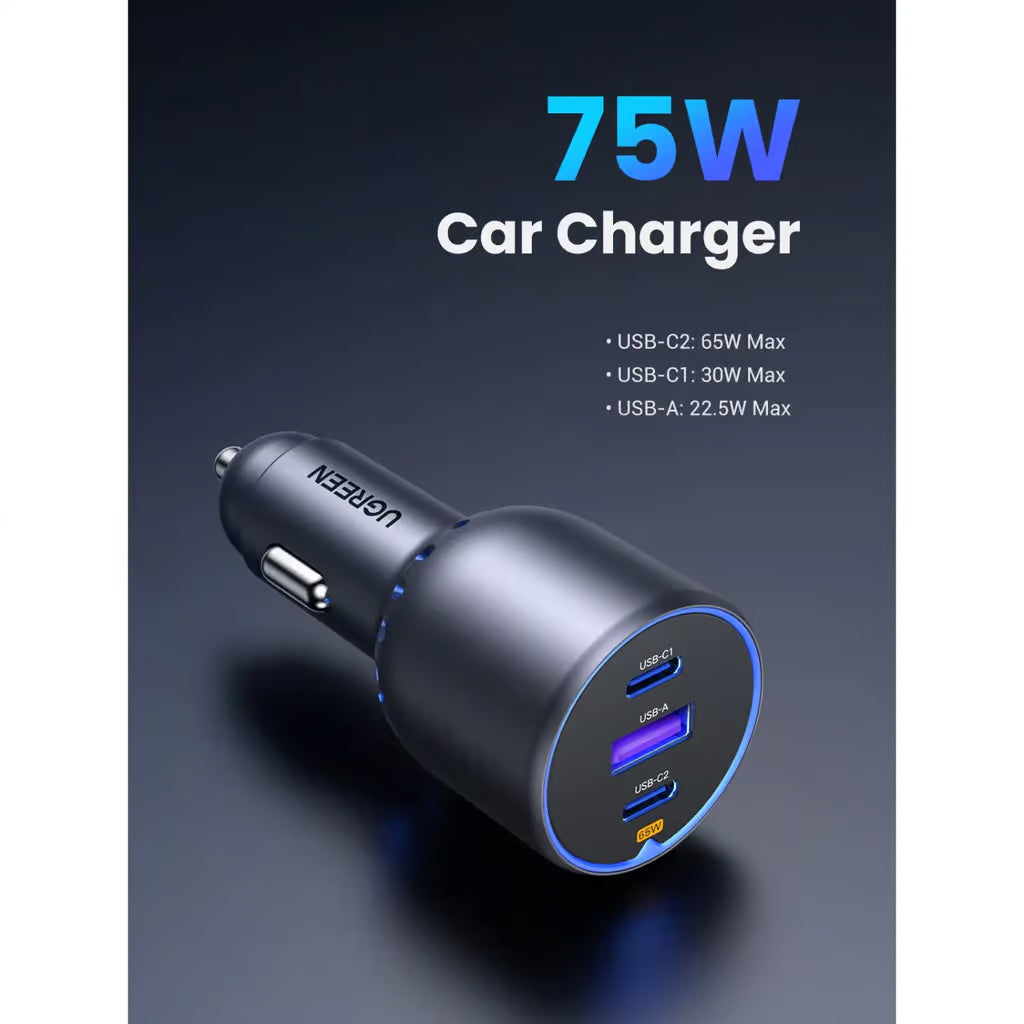 UGREEN 35024 75W Dual Type-C & USB Car Charger PD 3.0 QC 4.0+ PPS Fast Charging for MacBook, iPhone 17/16/15