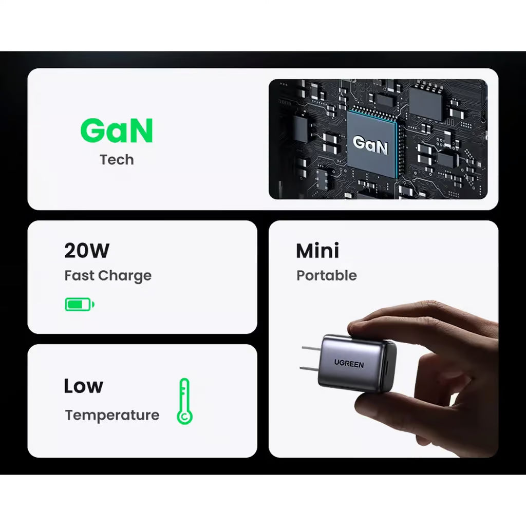 UGREEN 55527 Nexode 20W USB-C PD GaN Fast Charger (US Plug) Thermal Guard Technology for iPhone 17/16/15/14/13 Series