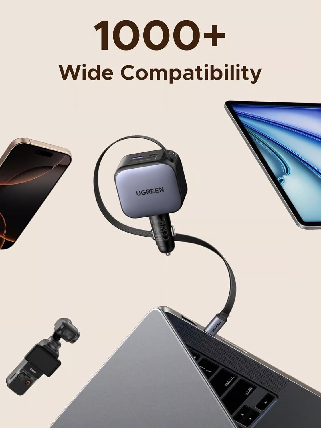 UGREEN 55909B 90W Retractable Car Charger Retractable Built-in USB C Cable Compatible with MacBook, iPhone 17/16/15 Pro Max