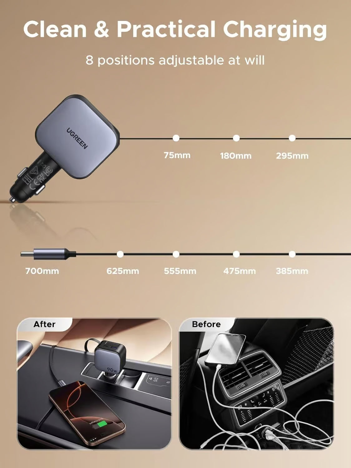 UGREEN 55909B 90W Retractable Car Charger Retractable Built-in USB C Cable Compatible with MacBook, iPhone 17/16/15 Pro Max
