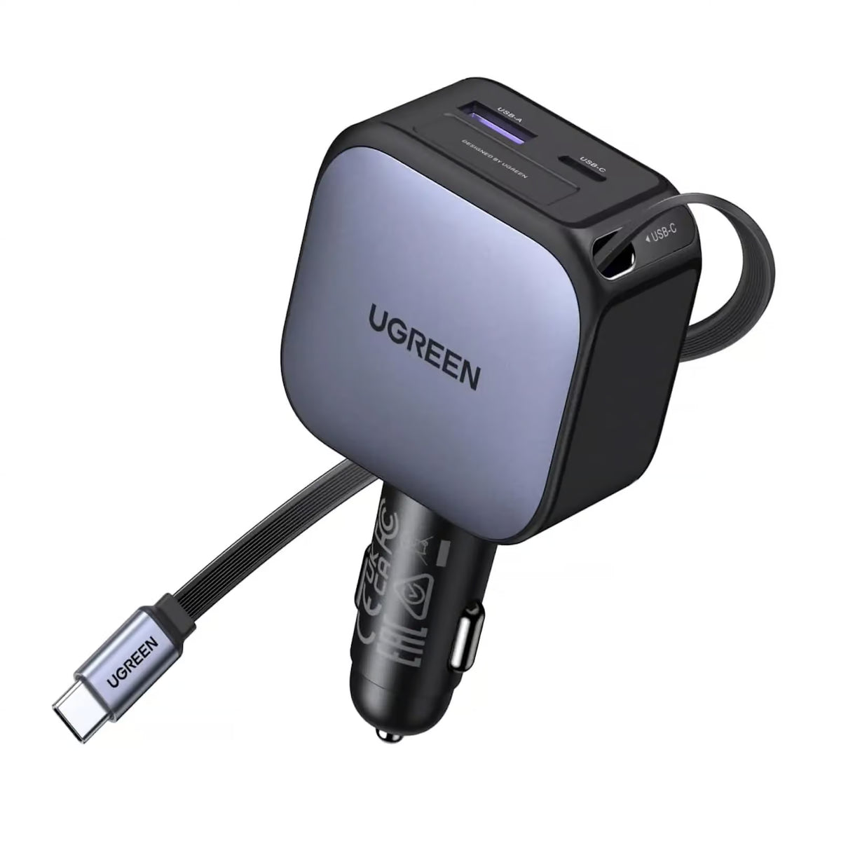 UGREEN 55909B 90W Retractable Car Charger Retractable Built-in USB C Cable Compatible with MacBook, iPhone 17/16/15 Pro Max